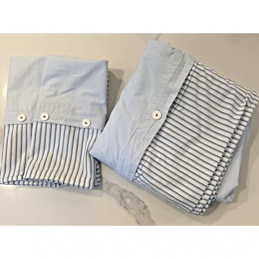 West Elm Organic Cotton Stripe Duvet Cover Full Queen Kyoto Blue + 2 Shams